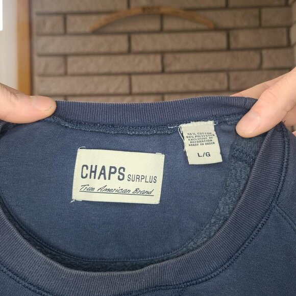 Retro 'Chaps Ralph Lauren surplus' distressed/faded navy crew-neck sweatshirt L - Picture 5 of 5